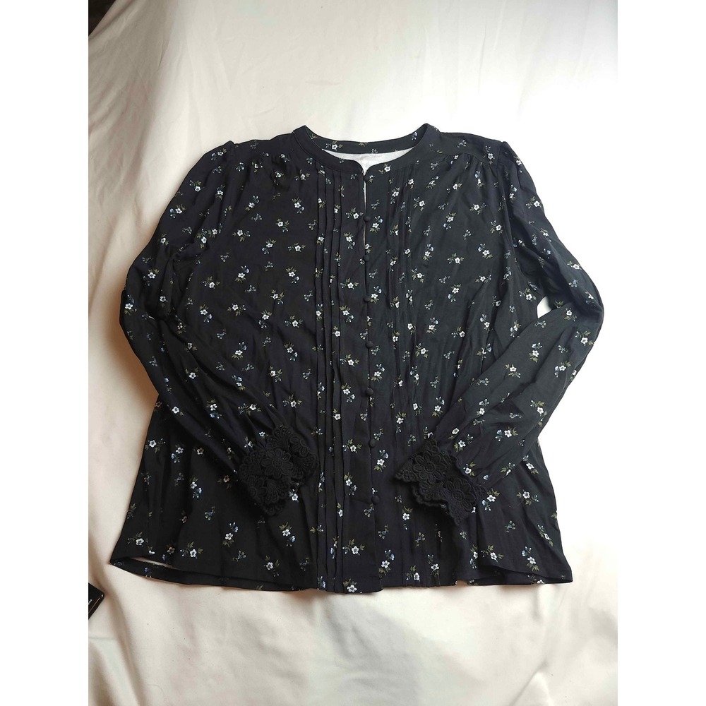 Lands End Womens 1X Floral Pintuck Blouse Black Long Sleeve Crochet Lace Cuff